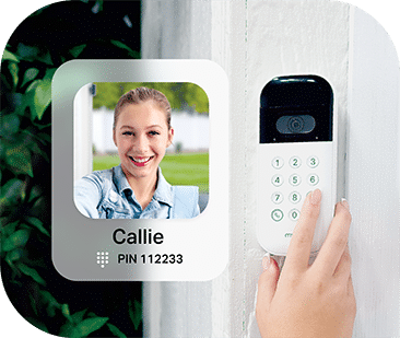 The myQ Smart Garage® Video Keypad showing an image of a girl  with her custom pin code